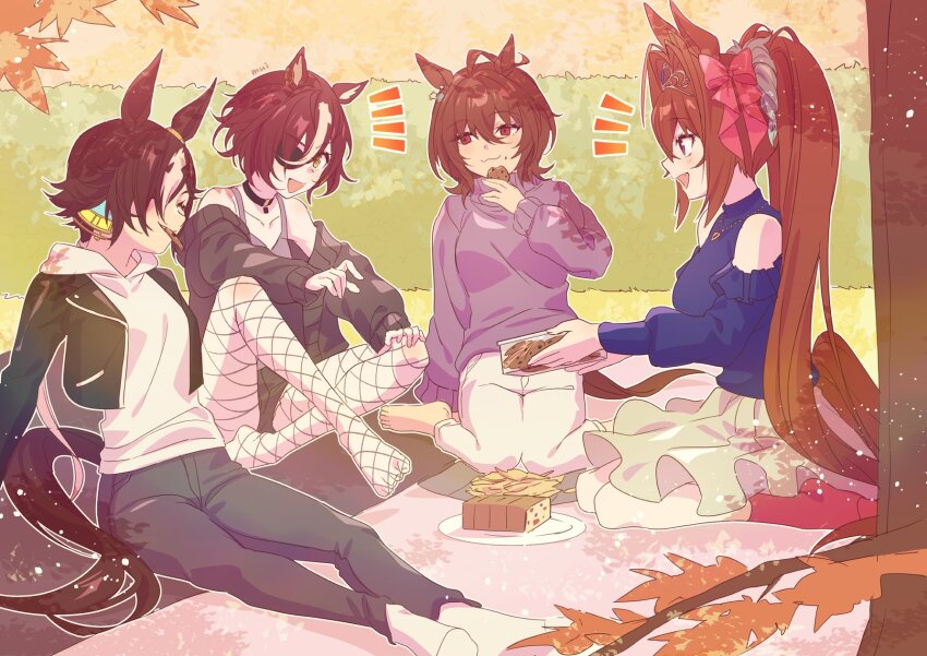 4girls :3 :d agnes_tachyon_(umamusume) ahoge animal_ears arm_rest autumn autumn_leaves bag_of_chips barefoot black_jacket botantouki bow box branch breasts brown_hair brown_tail chips_(food) chocolate_chip_cookie choker closed_eyes clothing_cutout cookie cropped_jacket daiwa_scarlet_(umamusume) eyepatch fang fishnet_pantyhose fishnets food fruitcake full_body grass grey_pants grey_tank_top hair_bow hair_intakes hair_over_one_eye hand_on_ground happy happy_aura highres holding holding_box holding_cookie holding_food hood hoodie horse_ears horse_girl horse_tail jacket jewelry large_breasts leaf long_hair looking_at_another medium_breasts multicolored_hair multiple_girls necklace off_shoulder open_mouth outdoors pants pantyhose picnic picnic_blanket plate potato_chips puffy_sleeves purple_sweater red_bow red_eyes red_socks short_hair shoulder_cutout sitting skirt smile snack socks streaked_hair sweater tail tanino_gimlet_(umamusume) tank_top tiara tree twintails umamusume very_long_hair vodka_(umamusume) wariza white_hair white_hoodie white_pants yellow_eyes