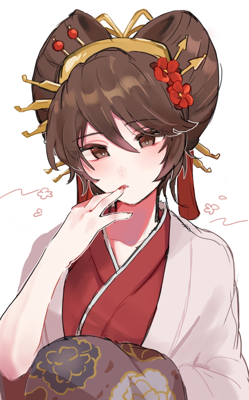 1girl absurdres brown_eyes brown_hair commentary_request datehyogo flower hair_flower hair_ornament hair_stick hand_to_own_mouth hand_up highres japanese_clothes kimono looking_at_viewer meiko_(vocaloid) nail_polish nihongami meiko_(rei_no_sakura_benitsubaki)_(vocaloid) senbonzakura_(vocaloid) solo susuki_(pixiv_99838945) upper_body vocaloid