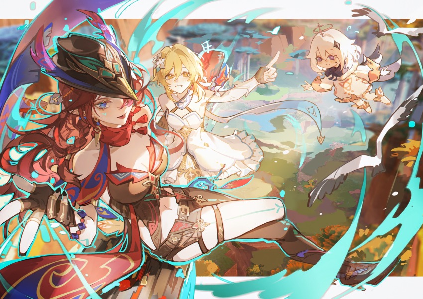 3girls absurdres asymmetrical_legwear bare_shoulders bird black_footwear black_gloves blonde_hair blue_eyes blurry blurry_background boots bracelet breasts chasca_(genshin_impact) chinese_commentary cleavage crop_top crossed_legs dress fingerless_gloves floating flower flying_sweatdrops from_below from_side genshin_impact gloves hair_between_eyes hair_flower hair_ornament hand_up hat headpiece highres iron_hailai jewelry large_breasts light_blush long_hair long_sleeves looking_at_viewer looking_to_the_side looking_up lumine_(genshin_impact) multiple_girls navel orange_eyes outdoors paimon_(genshin_impact) parted_lips pink_lips purple_nails red_hair red_scarf scarf short_hair sitting sitting_on_object sleeveless star_(symbol) star_hair_ornament stomach thigh_strap thighs white_dress white_flower white_hair white_scarf wind