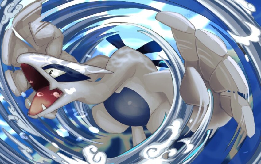 aeroblast_(pokemon) aerokinesis colored_skin creatures_(company) ezgk385 fangs flying game_freak gen_2_pokemon legendary_pokemon long_neck lugia nintendo no_humans open_mouth pokemon pokemon_(creature) pokemon_focus solo spines white_skin wind