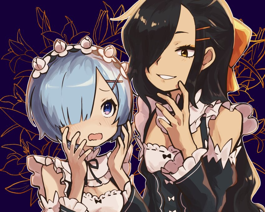 1boy 1girl black_hair blue_eyes blue_hair bob_cut breasts brown_eyes cleavage crossdressing hair_over_one_eye hair_ribbon highres long_hair medium_breasts natsumi_schwarz re:zero_kara_hajimeru_isekai_seikatsu rem_(re:zero) ribbon roswaal_mansion_maid_uniform smile trap very_long_hair