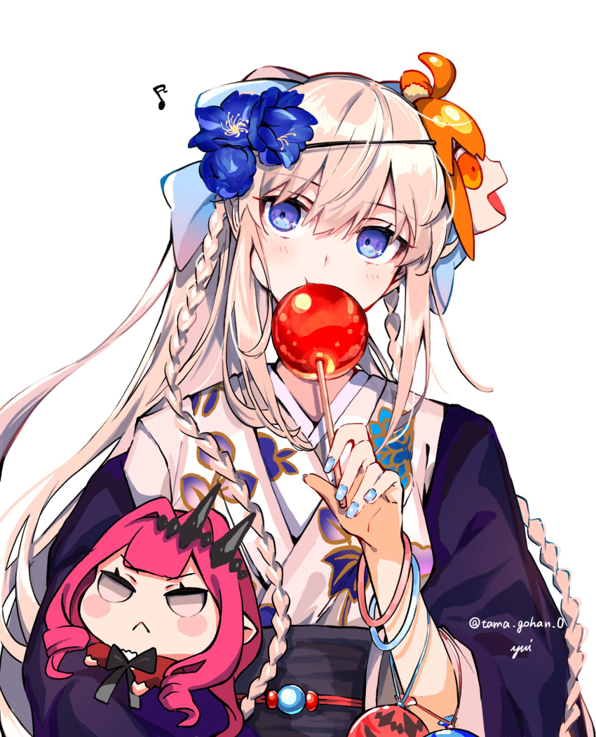 1girl black_kimono blue_eyes blue_flower bow braid candy_apple character_doll dahlia doll fate/grand_order fate_(series) floral_print flower food grey_hair grey_kimono hair_bow hair_flower hair_ornament haori highres japanese_clothes kimono layered_clothes long_hair long_sleeves looking_at_viewer morgan_le_fay_(fate) morgan_le_fay_(fgo_fes._2023)_(fate) obi ponytail print_kimono sash sidelocks solo very_long_hair white_kimono wide_sleeves yui_(tamagohan)