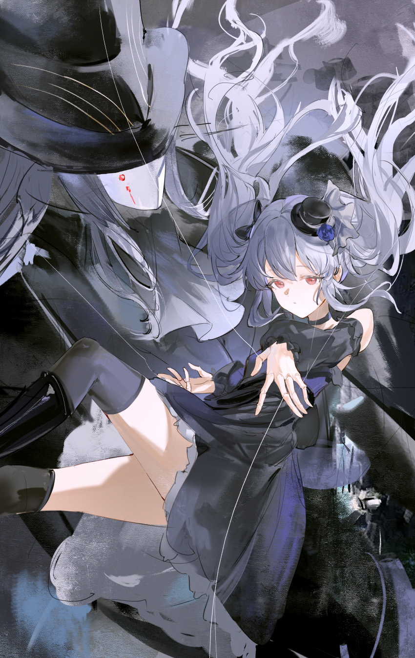 1boy 1girl absurdres bare_shoulders black_boots black_bow black_choker black_dress black_hat black_jacket black_shoes black_sleeves black_thighhighs blood blood_on_face blue_flower boots bow choker commentary detached_sleeves doll doll_joints dress flantia flower frilled_dress frills hair_between_eyes hair_flower hair_ornament hat highres jacket joints knee_boots lloyd_(granblue_fantasy) long_hair looking_at_viewer mini_hat orchis puppet_strings red_eyes shadowverse shadowverse:_worlds_beyond shoes sidelocks sleeveless sleeveless_dress strapless strapless_dress thighhighs top_hat twintails