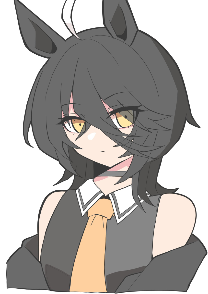 1girl :/ ahoge alternate_hair_length alternate_hairstyle animal_ears black_coat black_hair black_shirt closed_mouth coat collared_shirt expressionless hair_between_eyes highres horse_ears horse_girl kawamochi_(tddm3573) long_bangs long_hair_between_eyes manhattan_cafe_(umamusume) multicolored_hair necktie off_shoulder shirt simple_background sleeveless sleeveless_shirt solo umamusume white_background white_hair wolf_cut yellow_eyes yellow_necktie