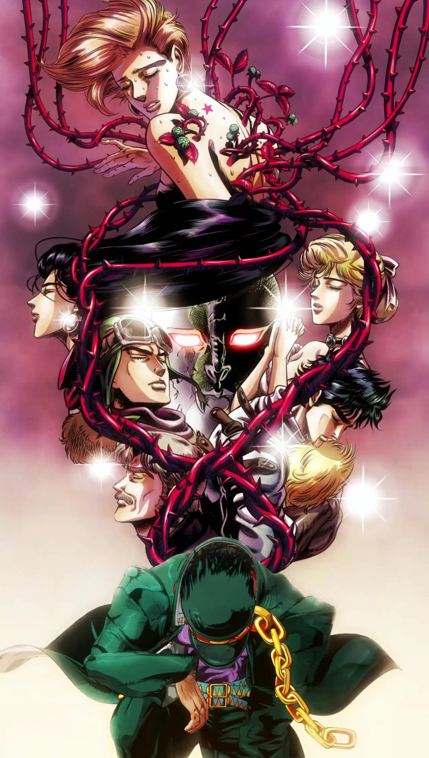 3girls 5boys anime_screenshot artist_request belt capelet chain choker dio_brando earrings erina_pendleton flower george_joestar george_joestar_ii gradient_background hat highres jacket jewelry jojo_no_kimyou_na_bouken jonathan_joestar kuujou_holly kuujou_joutarou lisa_lisa long_sleeves multiple_boys multiple_girls non-web_source official_art pants purple_shirt red_background rose school_uniform shirt short_hair simple_background spiked_hair stand_(jojo) stardust_crusaders stone_mask_(jojo) string yellow_background