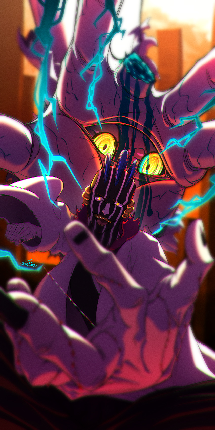 1boy 1other :d absurdres amputee aura battle black_nails bleach bleach:_sennen_kessen-hen blood blue_hair blurry commentary crazy_eyes crazy_smile depth_of_field english_commentary fighting_stance fingernails glowing glowing_eyes hand_eye haori highres japanese_clothes kurotsuchi_mayuri long_fingernails looking_at_viewer makeup male_focus nail_polish nose open_mouth outstretched_arm pernida_parnkgjas short_hair signature smile stitched_arm stitched_hand stitches taichou_haori teeth tettora tongue tsurime upper_body yellow_eyes yellow_teeth