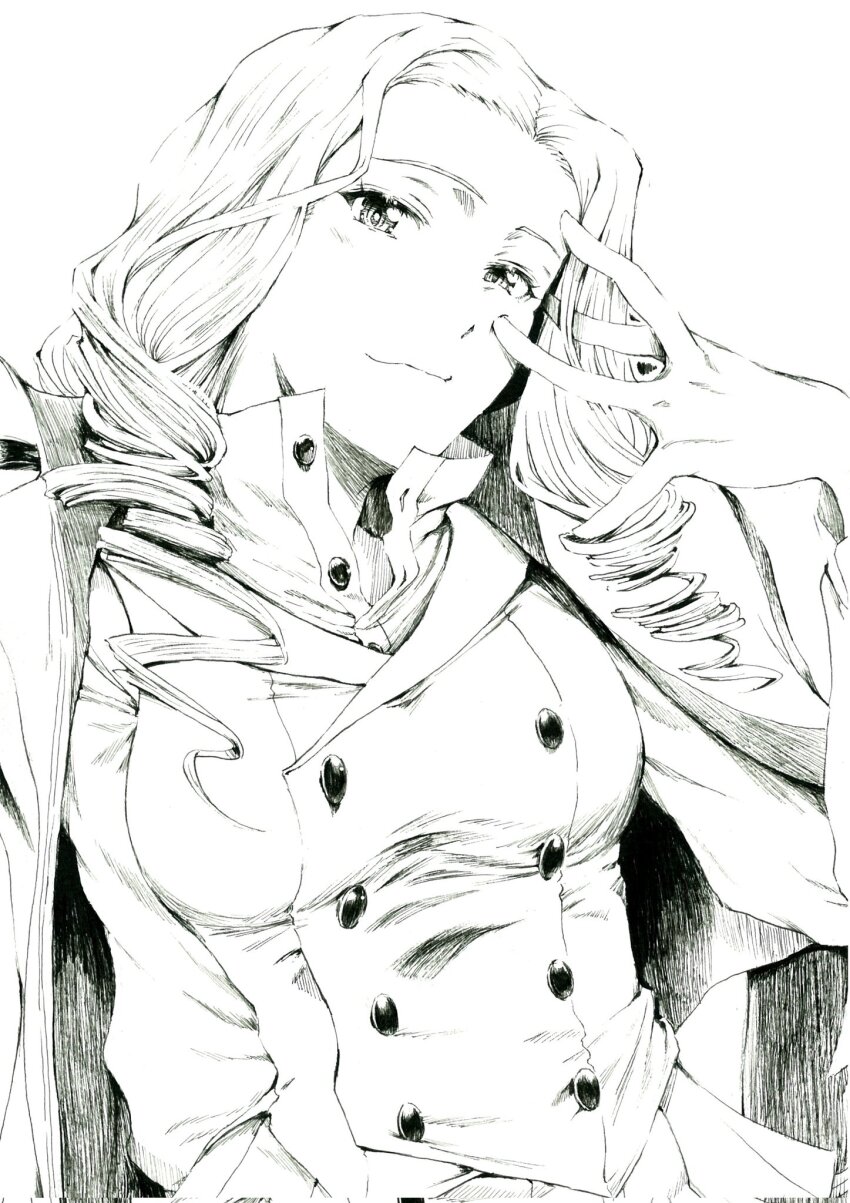 1girl bc_freedom_military_uniform buttons cape collared_shirt commentary_request cowboy_shot double-breasted drill_hair girls_und_panzer gloves greyscale hand_on_own_face highres light_smile long_hair looking_at_viewer monochrome pleated_skirt sawamin shirt simple_background skirt sofue_(girls_und_panzer) solo translation_request white_background