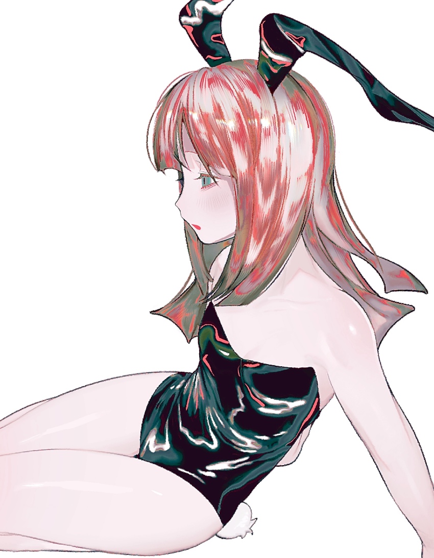 1girl absurdres animal_ears aqua_eyes bare_shoulders black_leotard breasts collarbone cowboy_shot fake_animal_ears fake_tail highres kasabuta_nokuni leaning_to_the_side leotard long_eyelashes long_hair looking_ahead open_mouth original playboy_bunny rabbit_ears rabbit_tail red_hair simple_background sitting small_breasts solo strapless strapless_leotard tail thighs white_background