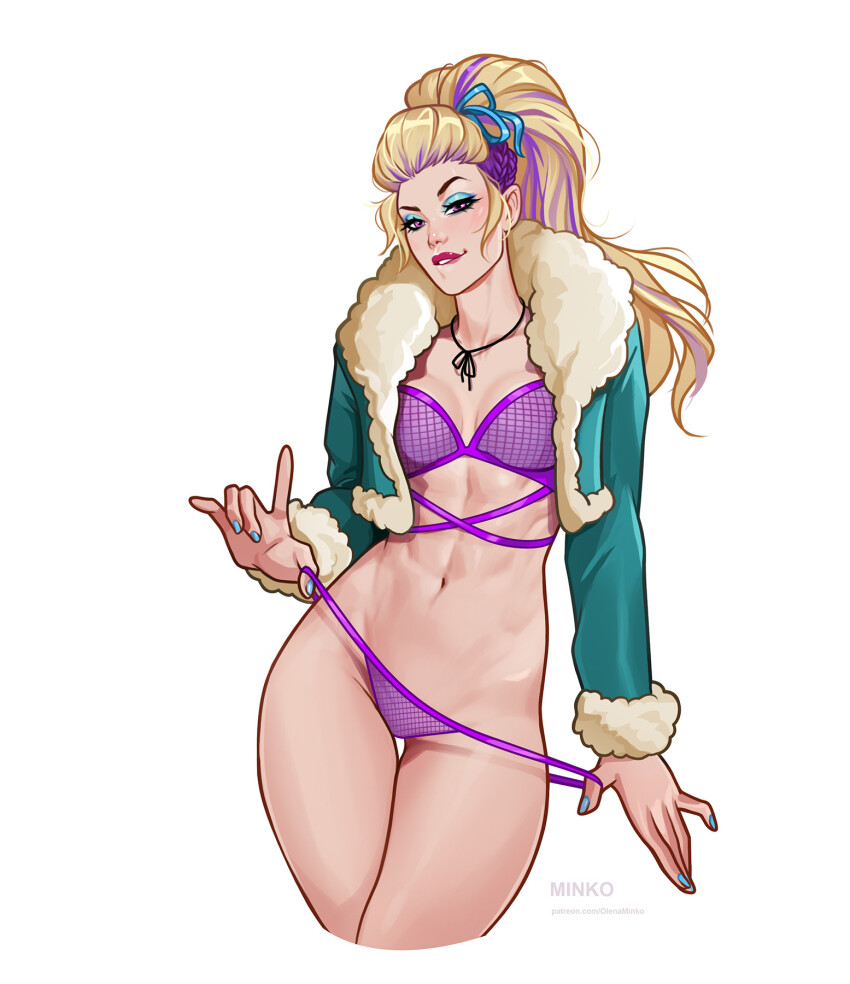 1girl abs artist_name biting_own_lip blonde_hair blue_eyeshadow blue_nails breasts character_request collarbone contrapposto copyright_request cropped_jacket cropped_legs eyeshadow fur-trimmed_jacket fur_trim high_ponytail highres jacket long_hair looking_at_viewer makeup multicolored_hair nail_polish navel olena_minko open_clothes open_jacket patreon_username pink_eyes ponytail purple_hair simple_background small_breasts solo streaked_hair thigh_gap toned toned_female watermark web_address white_background