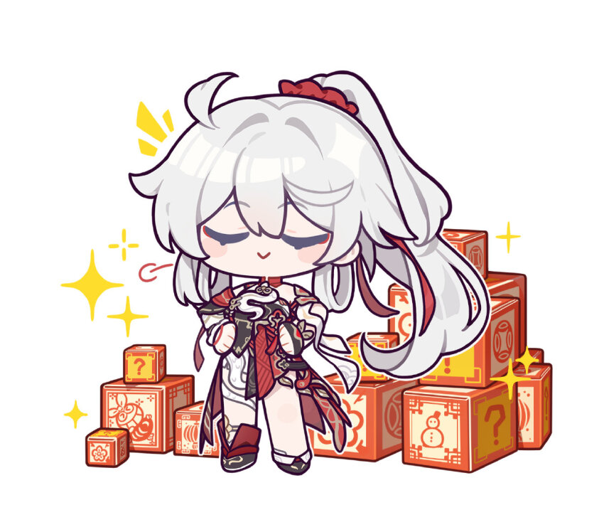 1girl ahoge asymmetrical_legwear bare_shoulders box chibi closed_eyes eta fingerless_gloves full_body gloves hair_between_eyes hair_intakes hair_ribbon hands_on_own_hips honkai_(series) honkai_impact_3rd kiana_kaslana kiana_kaslana_(ba-dum!_fiery_wishing_star) long_hair official_art ponytail ribbon sidelocks single_fingerless_glove smile snake_print standing star_(symbol) thighs white_background white_hair