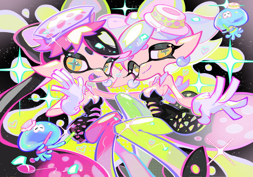 2girls :3 bare_shoulders black_background black_dress black_footwear black_hair black_jumpsuit bow-shaped_hair breasts callie_(splatoon) callie_(squid_sisters_outfit)_(splatoon) cleavage closed_mouth collar commentary_request cousins cross-shaped_pupils detached_collar dress earrings fangs gloves glowstick gradient_hair green_pantyhose grey_hair half-closed_eyes highres holding holding_glowstick inkling jellyfish_(splatoon) jewelry jumpsuit long_hair looking_at_viewer marie_(splatoon) marie_(squid_sisters_outfit)_(splatoon) medium_hair mole mole_under_eye multicolored_hair multiple_girls nintendo open_hand open_mouth pantyhose pink_hair pink_pantyhose pointy_ears short_jumpsuit smile splatoon_(series) strapless strapless_dress swept_bangs symbol-shaped_pupils tentacle_hair twintails two-tone_hair very_long_hair white_collar white_gloves xiaoyunatie yellow_eyes