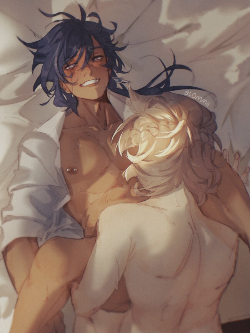 2boys albedo_(genshin_impact) artist_name back blonde_hair blue_hair blush clenched_teeth collarbone dark-skinned_male dark_skin dress_shirt from_above genshin_impact heterochromia highres interracial kaeya_(genshin_impact) knees_up lying multiple_boys nipple_bar nipple_piercing nipples on_back on_bed open_clothes open_mouth open_shirt partially_blind pectorals piercing scar scar_across_eye scar_on_face sex shirt slommii teeth toned toned_male white_shirt yaoi