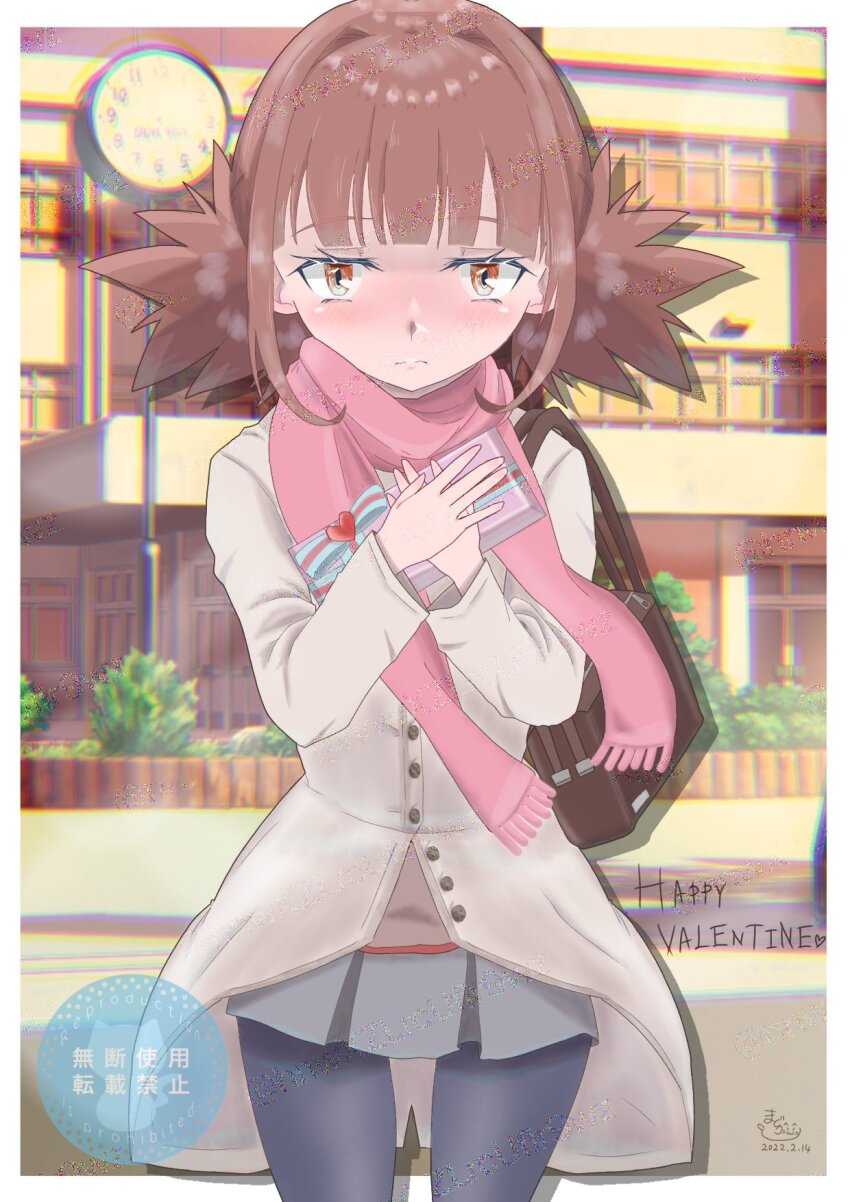 1girl blush brown_eyes brown_hair coat digimon digimon_xros_wars digimon_xros_wars:_toki_wo_kakeru_shounen_hunter-tachi hair_ornament hairclip heart highres hinomoto_akari long_hair looking_at_viewer mokumon_(artist) orange_eyes red_hair scarf skirt solo twintails valentine winter_clothes