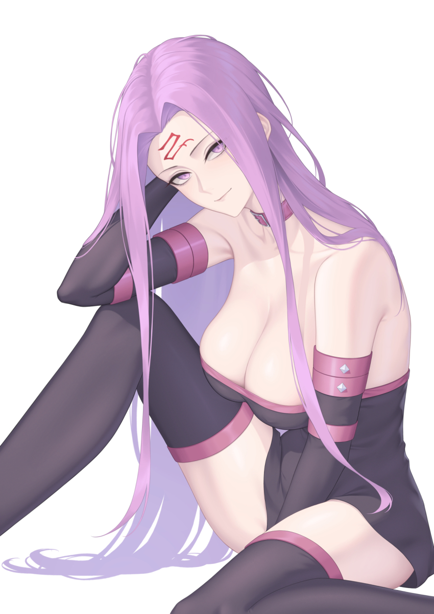 1girl bare_shoulders breasts cleavage dress facial_mark fate/grand_order fate_(series) forehead forehead_mark highres large_breasts long_hair looking_at_viewer medusa_(fate) medusa_(rider)_(fate) nmi purple_eyes purple_hair solo thighhighs very_long_hair