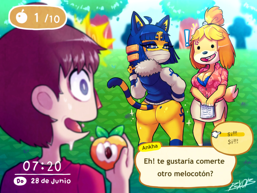 ! ._. 1boy 2girls ^^^ ahoge alternate_costume anger_vein animal_crossing animal_ear_fluff animal_ears animal_hands animal_nose ankh ankha_(animal_crossing) artist_name ass bandaged_head bandages bell black_eyes blonde_hair blue_bra blue_eyes blue_eyeshadow blue_jacket blunt_bangs blurry blurry_background blurry_foreground blush bob_cut body_fur bottomless bra bra_peek breasts brown_hair buck_teeth buttons cat_ears cat_girl cat_tail character_name claws cleavage constricted_pupils covered_mouth day dog_ears dog_girl dog_tail eating eye_contact eyeshadow food food_bite fruit fur-trimmed_jacket fur_collar fur_trim furry furry_female glowing glowing_eyes gold grass hair_bell hair_ornament hair_tie half-closed_eyes hand_on_own_hip hand_up highres holding holding_food holding_fruit holding_paper isabelle_(animal_crossing) jacket jingle_bell large_breasts leaf_print leg_tattoo light_blush long_sleeves looking_at_another looking_at_viewer looking_back makeup miniskirt mole mole_on_ass multiple_girls nintendo notice_lines open_clothes open_mouth open_shirt outdoors over_shoulder own_hands_together panteon013 paper parted_bangs pawpads peach pencil_skirt pink_shirt raglan_sleeves red_shirt self-upload shirt short_hair short_sleeves side_slit sidelocks signature skirt spanish_text sparkle speech_bubble standing surprised tail talking tattoo teeth thighs topknot translated tree two-tone_fur underwear villager_(animal_crossing) white_fur white_skirt white_sleeves wide-eyed yellow_fur yellow_pupils