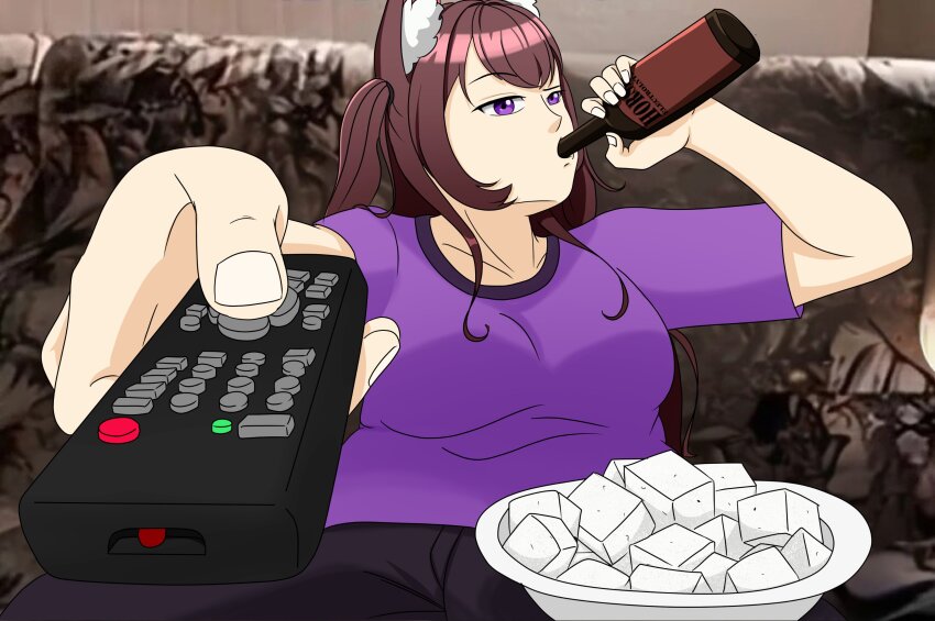 1girl absurdres alcohol animal_ears beer brown_hair controller couch highres horse_ears indie_virtual_youtuber man_watching_tv_(meme) meme purple_eyes remote_control rima_evenstar ryoichitoroniku shirt sugar_cube t-shirt virtual_youtuber