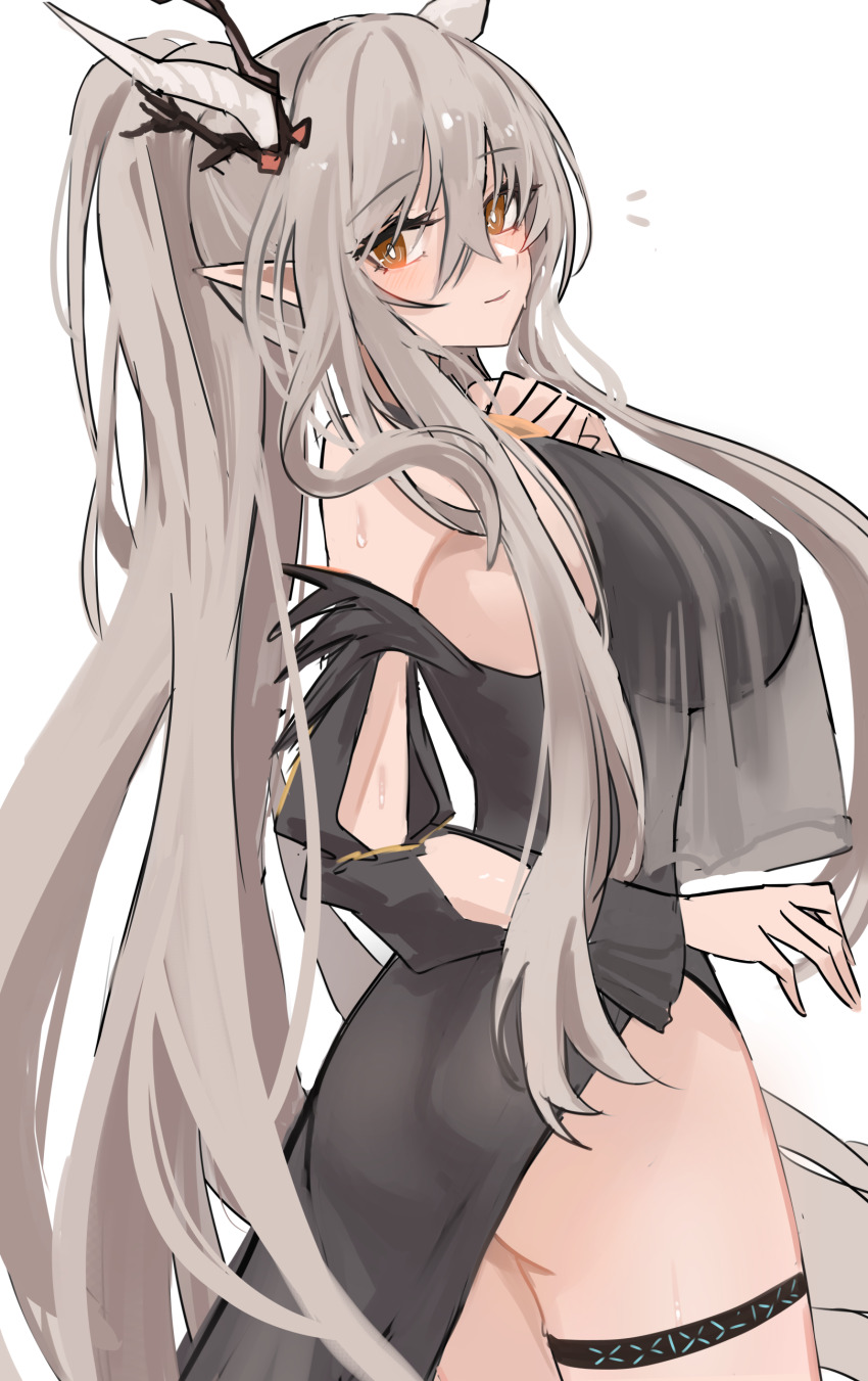 1girl absurdres arknights bare_shoulders black_one-piece_swimsuit breasts closed_mouth commentary cowboy_shot from_side highres horns infection_monitor_(arknights) large_breasts light_smile long_hair looking_at_viewer notice_lines official_alternate_costume one-piece_swimsuit orange_eyes pointy_ears ponytail shining_(arknights) shining_(silent_night)_(arknights) shino_duka simple_background solo swimsuit thigh_strap very_long_hair white_background