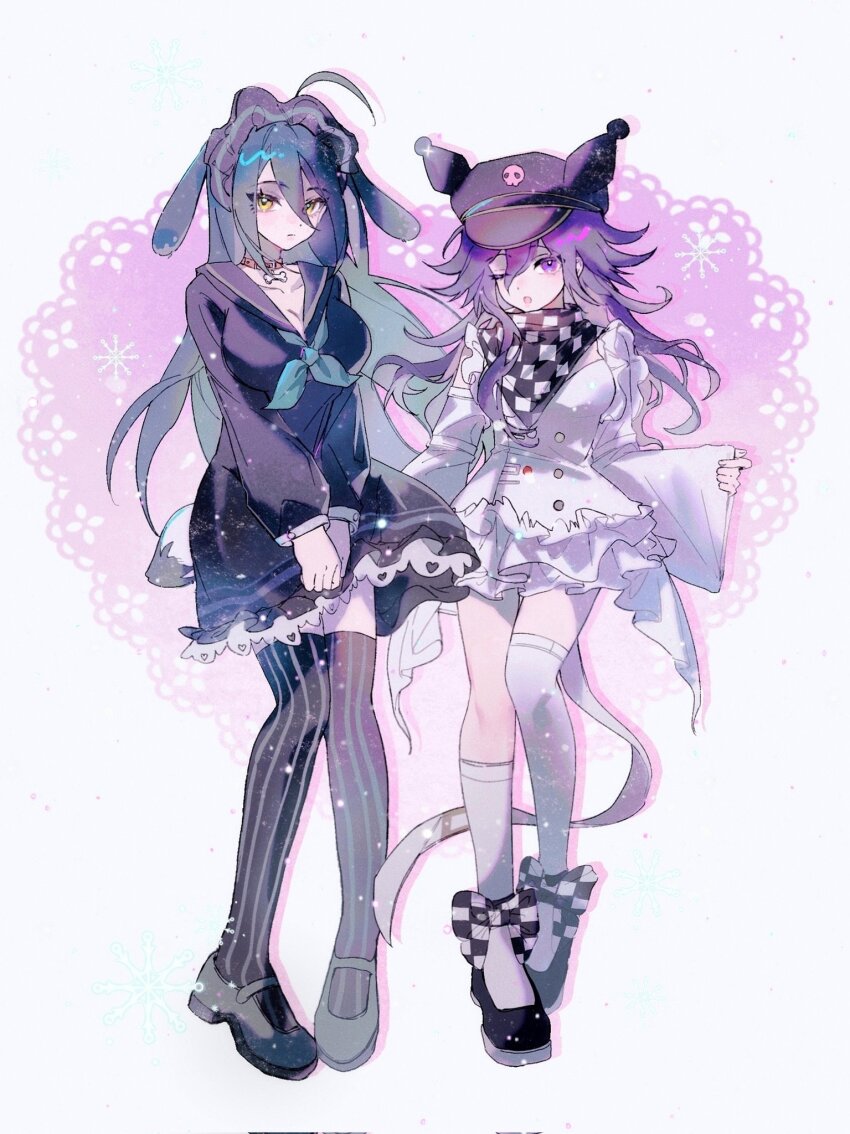 2girls ahoge arm_belt asymmetrical_legwear black_dress black_hair blush bow breasts buttons checkered_bow checkered_clothes checkered_scarf cleavage commentary_request cosplay danganronpa_(series) danganronpa_v3:_killing_harmony dress eyelashes flipped_hair frilled_dress frilled_sleeves frills full_body genderswap genderswap_(mtf) hair_between_eyes hat highres kuromi kuromi_(cosplay) long_hair long_sleeves looking_at_viewer mary_janes multicolored_buttons multiple_girls oma_kokichi one_eye_closed onegai_my_melody open_mouth peaked_cap pendant_choker pochacco pochacco_(cosplay) purple_eyes purple_hair saihara_shuichi sailor_collar sanrio scarf shimamoto404 shirt shoes simple_background skirt skull_ornament standing striped_clothes striped_thighhighs thigh_strap thighhighs tiered_skirt two-tone_scarf vertical-striped_clothes vertical-striped_thighhighs very_long_hair white_background white_skirt white_thighhighs wide_sleeves yellow_eyes