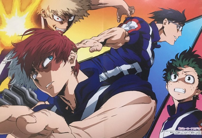 4boys angry bakugou_katsuki blonde_hair blue_eyes blue_hair blue_jacket boku_no_hero_academia burn_scar clenched_teeth curly_hair engine explosion eyebrows freckles glasses green_eyes green_hair grey_eyes hair_between_eyes iida_tenya jacket looking_at_another midoriya_izuku multiple_boys nakamura_yutaka official_art pale_skin parted_lips red_eyes red_hair scar scar_across_eye scar_on_face spiked_hair teeth todoroki_shouto track_jacket track_suit undercut white_hair