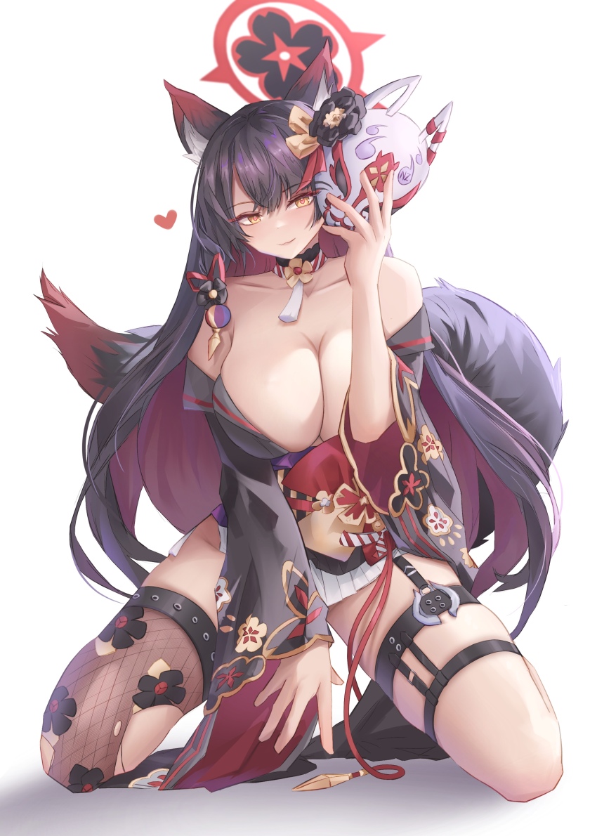 1girl absurdres animal_ear_fluff bare_shoulders black_hair black_kimono black_thighhighs blue_archive breasts cleavage closed_mouth colored_inner_hair floral_print fox_girl fox_mask fox_tail heart heart-shaped_pupils highres holding holding_mask japanese_clothes kimono kneeling large_breasts looking_at_viewer mask multicolored_hair ningzi_(hentai_senpai) red_hair smile solo symbol-shaped_pupils tail thigh_strap thighhighs torn_clothes torn_thighhighs two-tone_hair wakamo_(blue_archive) yellow_eyes