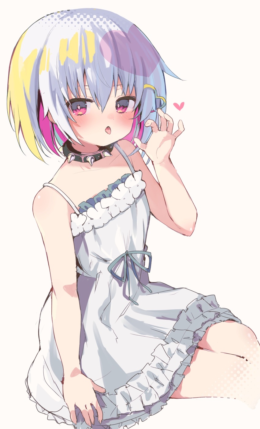 1girl absurdres arm_at_side bare_arms bare_shoulders black_choker blonde_hair blush choker collarbone colored_inner_hair commentary dohna_dohna_issho_ni_warui_koto_o_shiyou dress feet_out_of_frame fellatio_gesture frilled_dress frills grey_hair hair_between_eyes hair_ornament hand_up heart heart_hair_ornament highres looking_at_viewer multicolored_hair open_mouth pink_hair porno_(dohna_dohna) red_eyes short_dress short_hair simple_background sitting sketch sleeveless sleeveless_dress solo spiked_choker spikes sundress takepoison tongue tongue_out white_background white_dress