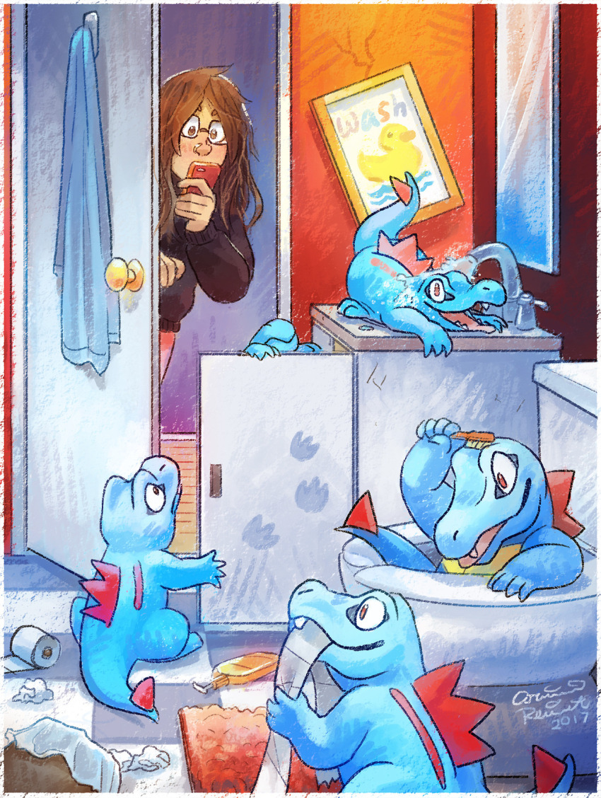 artist_name bathroom black_shirt brown_hair calonarang cellphone dated gen_2_pokemon highres indoors mirror nintendo paw_print phone pokemon pokemon_(creature) pokemon_go rug shirt sink soap_dispenser tile_floor tiles toilet toilet_paper totodile unworn_shirt