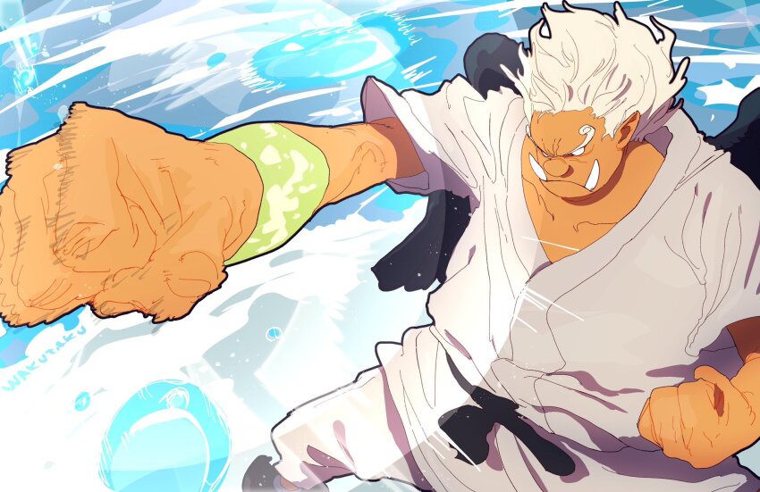 1boy black_sash black_wings clenched_hands closed_mouth commentary highres japanese_clothes kimono male_focus one_piece s-shark sash seraphim_(one_piece) short_hair solo taku_(aywakutakuay) tusks white_hair white_kimono wind wings wristband