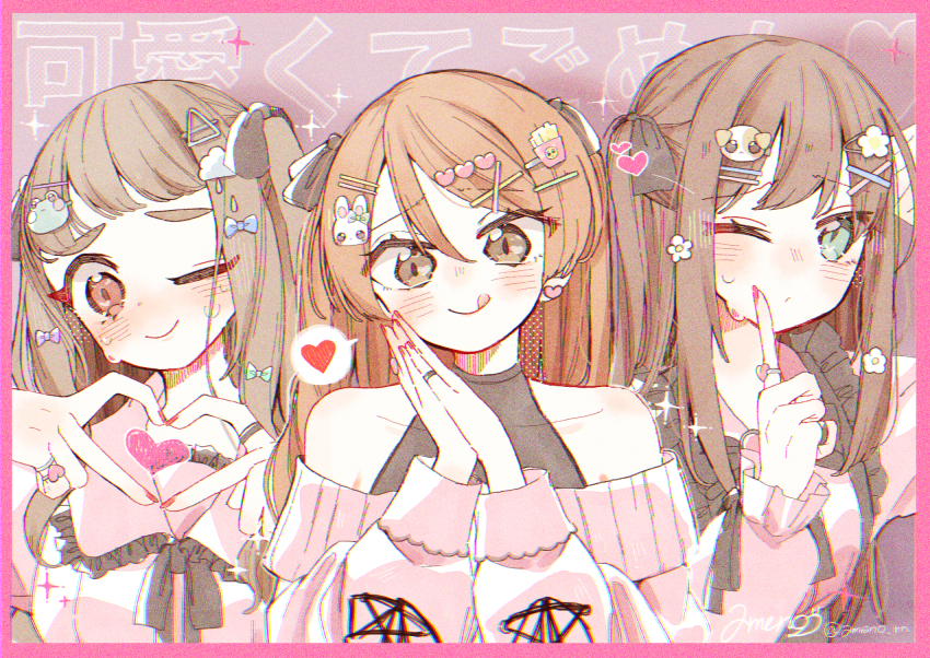 3girls four-finger_heart_hands :q ;) ;o alternate_costume border brown_hair commentary_request finger_to_cheek fingernails frilled_shirt_collar frills hair_ornament heart heart_hands heart_in_heart_hands highres hojo_karen idolmaster idolmaster_cinderella_girls jewelry jirai_kei kamiya_nao kawaikute_gomen_(honeyworks) looking_at_viewer multiple_girls nail_polish off-shoulder_sweater off_shoulder one_eye_closed orange_hair own_hands_together palms_together pink_border pink_shirt pink_sweater ring shibuya_rin shirt smile spoken_heart suzugaeru sweater thick_eyebrows tongue tongue_out translation_request triad_primus_(idolmaster) upper_body