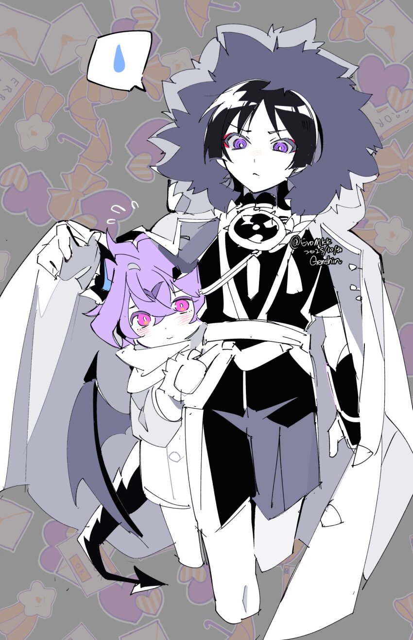 2boys alternate_costume alternate_height arm_at_side armor blunt_ends blush bodysuit bow bright_pupils child closed_mouth coat copyright_name cropped_legs dated dragon_horns dragon_tail dragon_wings eromkk eyeliner eyeshadow facial_mark fatui_coat flying_sweatdrops forehead_mark frown fur_hood genshin_impact heart highres hood hood_up hooded_coat horns japanese_armor japanese_clothes jewelry kimono kote lapels letter makeup mandarin_collar mini_durin_(genshin_impact) mini_durin_(human)_(genshin_impact) mitsudomoe_(shape) mittens multiple_boys neck_ring open_clothes open_coat parted_bangs partially_colored pink_eyes purple_eyes purple_hair red_eyeliner red_eyeshadow sash scaramouche_(genshin_impact) scarf shooting_star short_sleeves shorts side-by-side tail tomoe_(symbol) twitter_username umbrella white_pupils wings wispy_bangs yellow_bow