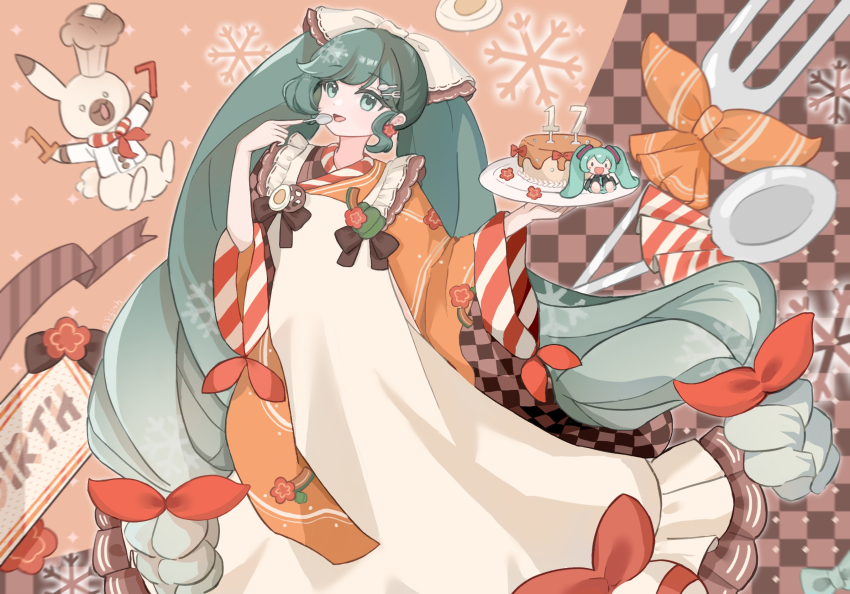 1girl 1other absurdly_long_hair apron birthday_cake bow cake commentary_request earrings food fork_hair_ornament green_eyes green_hair hair_bow hatsune_miku highres holding holding_plate holding_spoon jacket japanese_clothes jewelry kimono long_hair long_sleeves low-tied_long_hair mini_chef_hat official_alternate_costume official_alternate_hairstyle open_mouth orange_kimono plate rabbit rabbit_yukine smile spoon spoon_hair_ornament twintails very_long_hair vocaloid white_apron wide_sleeves yuki_miku yuki_miku_(2024) yyyyyy_ovo