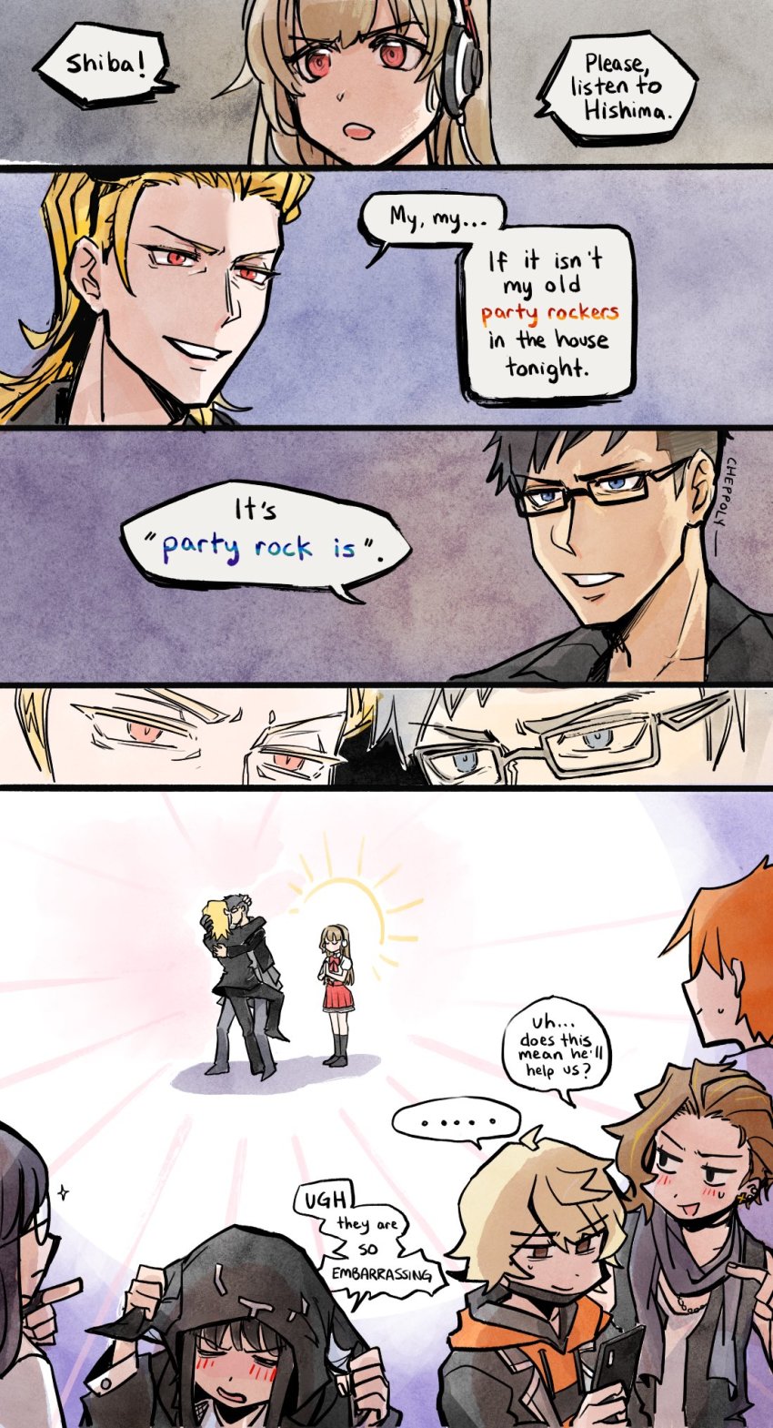3girls 5boys animal_hood black_coat black_jacket black_mask black_socks black_vest blonde_hair blue_eyes blunt_bangs blush brown_eyes brown_hair cat_hood coat comic ear_piercing earrings english_text face_mask furesawa_tosai glasses grey_hair grey_scarf grin headphones highres hime_cut hishima_(ntwewy) hood hoodie jacket jewelry kanade_rindo long_coat long_hair mask matsunae_tsugumi mouth_mask multiple_boys multiple_girls orange_hair orange_hoodie piercing purple_hair rectangular_eyewear red_eyes red_skirt round_eyewear sakuraba_neku sakurane_shoka scarf school_uniform shiba_(ntwewy) shin_subarashiki_kono_sekai shirt skirt smile socks spiked_hair subarashiki_kono_sekai sweatdrop usui_nagi vest white_shirt yaoi