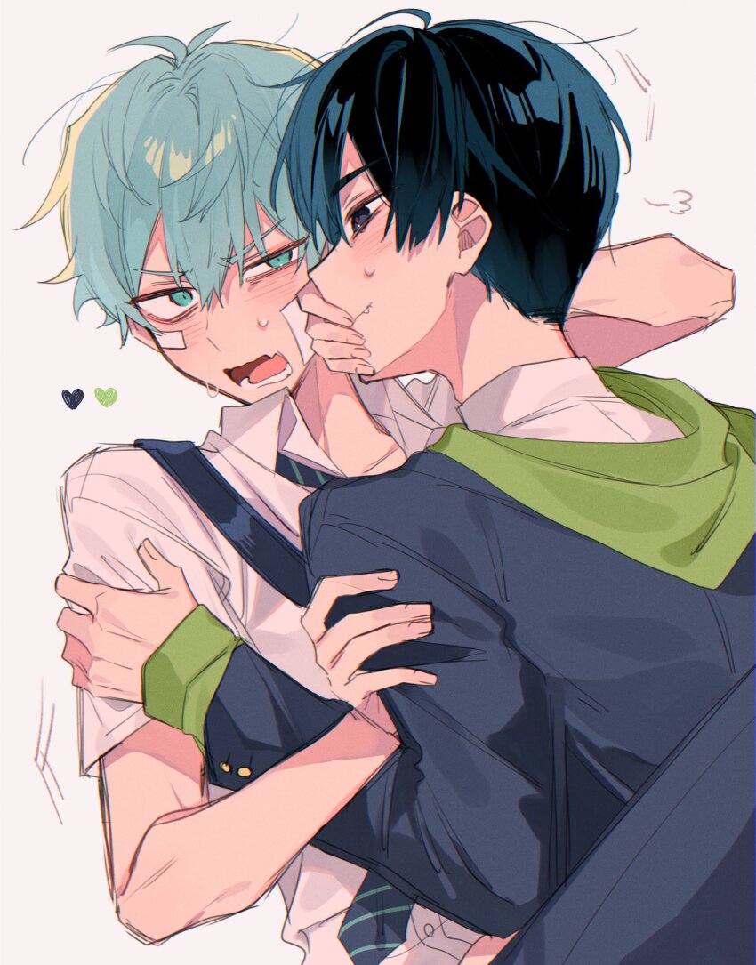 2boys alien_stage black_eyes black_hair black_jacket blush collared_shirt commentary gauze gauze_on_cheek green_eyes green_hoodie grey_hair heart highres hood hoodie ivan_(alien_stage) jacket jacket_over_hoodie kikurage_ii long_sleeves male_focus multiple_boys official_alternate_costume pushing_away pushing_face red_pupils shirt short_hair symbol-only_commentary till_(alien_stage) very_short_hair white_shirt yaoi
