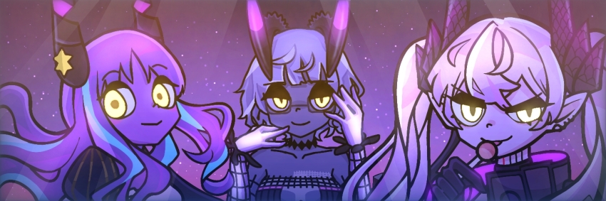 3girls bare_shoulders candy caren_hortensia caren_hortensia_(amor_caren) caren_hortensia_(amor_caren)_(third_ascension) closed_mouth colored_skin commentary deformed demon_girl demon_horns fate/grand_order fate_(series) food glasses glowing glowing_eyes grey_skin holding holding_candy holding_food holding_lollipop horns jacques_de_molay_(foreigner)_(fate) jacques_de_molay_(foreigner)_(third_ascension)_(fate) lilith_(fate) lilith_(second_ascension)_(fate) lollipop long_hair looking_at_viewer multiple_girls rairai100 seductive_smile short_hair smile space trait_connection twintails yellow_eyes
