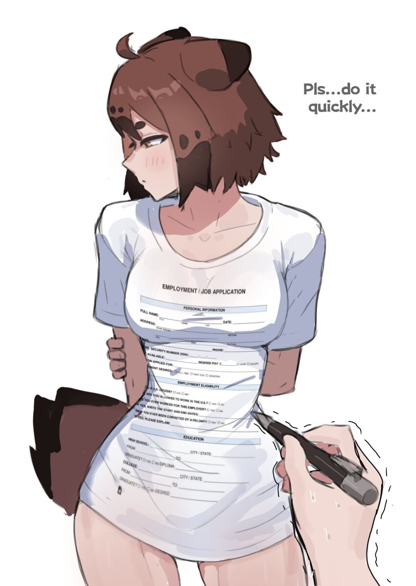 1girl animal_ears breasts character_request copyright_request highres holding job_application_form_(meme) large_breasts meme open_mouth shirt short_hair simple_background solo_focus tail trembling wersman white_background white_shirt