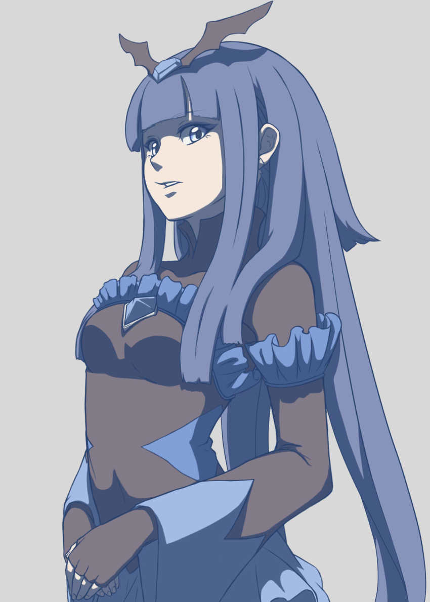 bad_end_beauty bad_end_precure black_bodysuit black_headwear blue_eyes blue_hair blue_skirt bodysuit breasts dark_persona expressionless frilled_sleeves frills hand_on_own_stomach highres long_hair makeup medium_breasts precure skirt smile_precure! staring zephyranthes54
