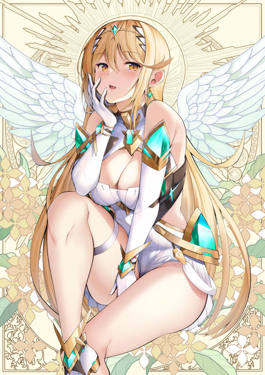 1girl angel_wings ass bare_legs bare_shoulders between_legs blonde_hair blush breasts cleavage collarbone core_crystal_(xenoblade) daive elbow_gloves female_focus floral_background foot_out_of_frame gloves gluteal_fold gold_trim groin hand_between_legs hand_on_own_cheek hand_on_own_face highres jewelry large_breasts looking_at_viewer mythra_(xenoblade) pauldrons shoulder_armor solo thighlet thighs tiara white_gloves wings xenoblade_chronicles_(series) xenoblade_chronicles_2 yellow_eyes
