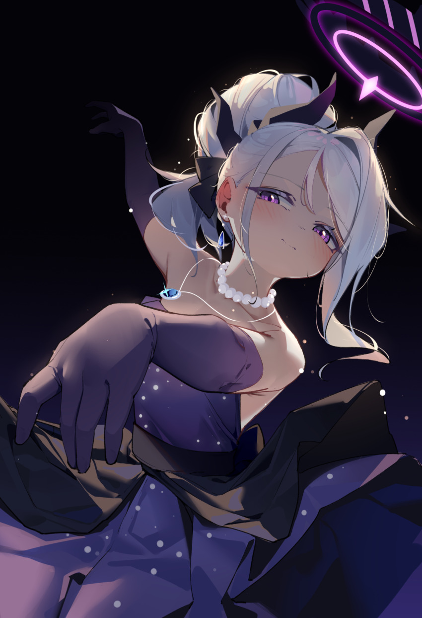 1girl bare_shoulders blue_archive blush closed_mouth demon_girl demon_horns dress elbow_gloves gloves hair_between_eyes hair_bun highres hina_(blue_archive) hina_(dress)_(blue_archive) horns jewelry long_hair looking_at_viewer necklace official_alternate_costume official_alternate_hairstyle painterliuhao purple_dress purple_eyes purple_gloves sidelocks solo white_hair
