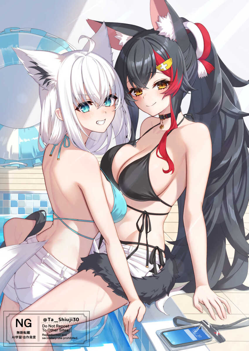 2girls ahoge animal_ear_fluff animal_ears aqua_bikini aqua_eyes bare_shoulders bikini black_choker black_hair blush breasts cellphone choker cleavage closed_mouth collarbone fox_ears fox_girl fox_tail hair_between_eyes hair_ornament highres hololive long_hair medium_breasts multiple_girls ookami_mio orange_eyes phone ponytail poolside red_hair shirakami_fubuki short_shorts shorts side-tie_bikini_bottom sideboob sitting smartphone smile swimsuit ta_shiuji30 tail teeth very_long_hair virtual_youtuber white_hair white_shorts wolf_ears wolf_girl wolf_tail