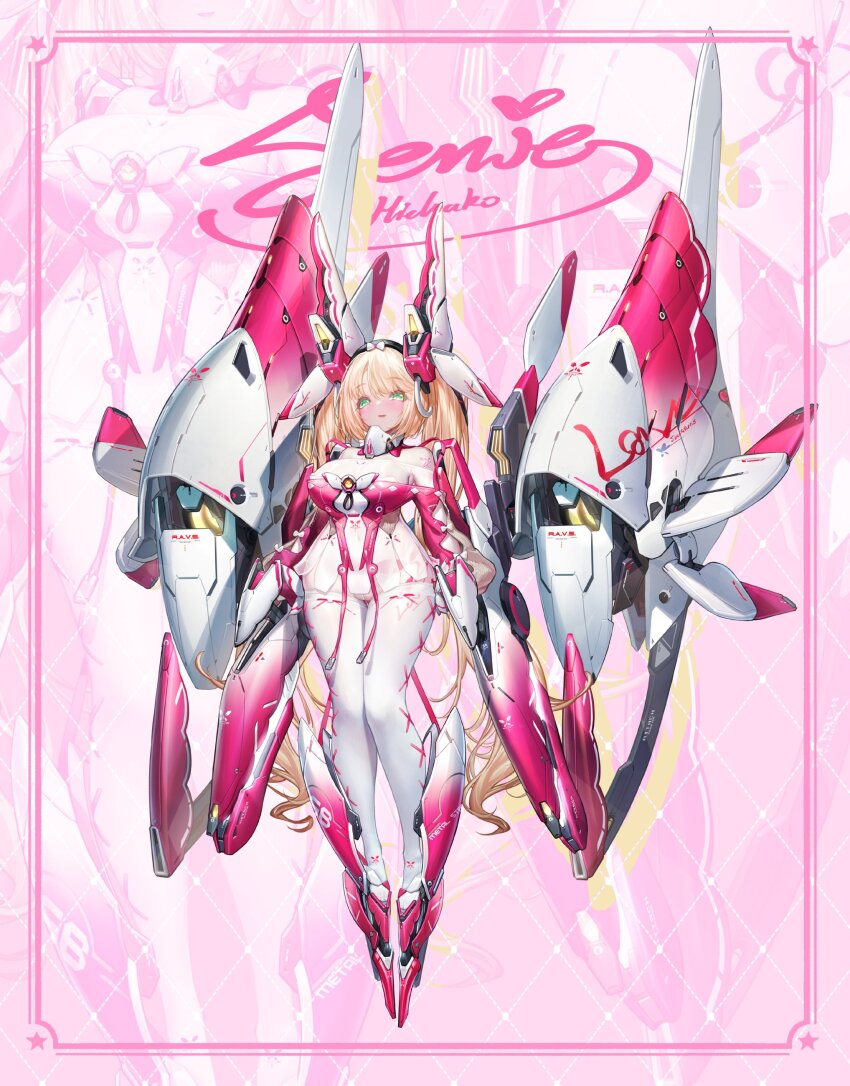 1girl absurdly_long_hair absurdres blonde_hair bodysuit breasts crosscore dk.senie full_body headgear highres large_breasts long_hair looking_at_viewer mecha_musume solo very_long_hair white_bodysuit