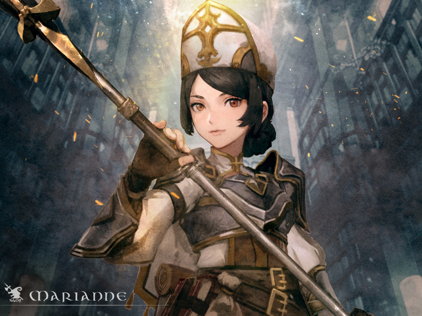 1girl armor belt black_hair braid breastplate brown_eyes brown_gloves dress fingerless_gloves gloves hair_bun hat highres holding holding_staff kjk_kat12349 looking_at_viewer marianne_(wizardry) mitre multiple_belts parted_bangs pauldrons priest short_hair shoulder_armor single_pauldron solo staff white_dress wizardry wizardry_variants_daphne
