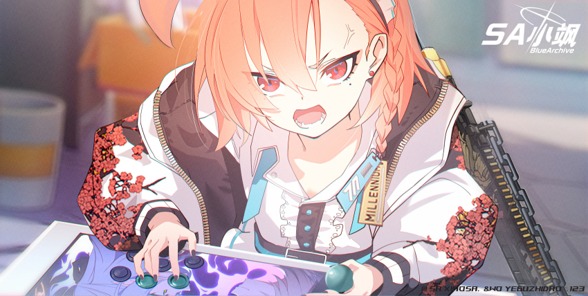 1girl absurdres ahoge black_jacket blue_archive blue_ribbon braid floral_print frilled_shirt frills gun hair_between_eyes hayate_(1034853996) highres jacket long_hair looking_at_viewer mole mole_under_eye neru_(blue_archive) open_mouth red_eyes red_hair revision ribbon shirt sig_mpx sig_sauer single_braid solo submachine_gun sukajan weapon white_shirt white_sleeves