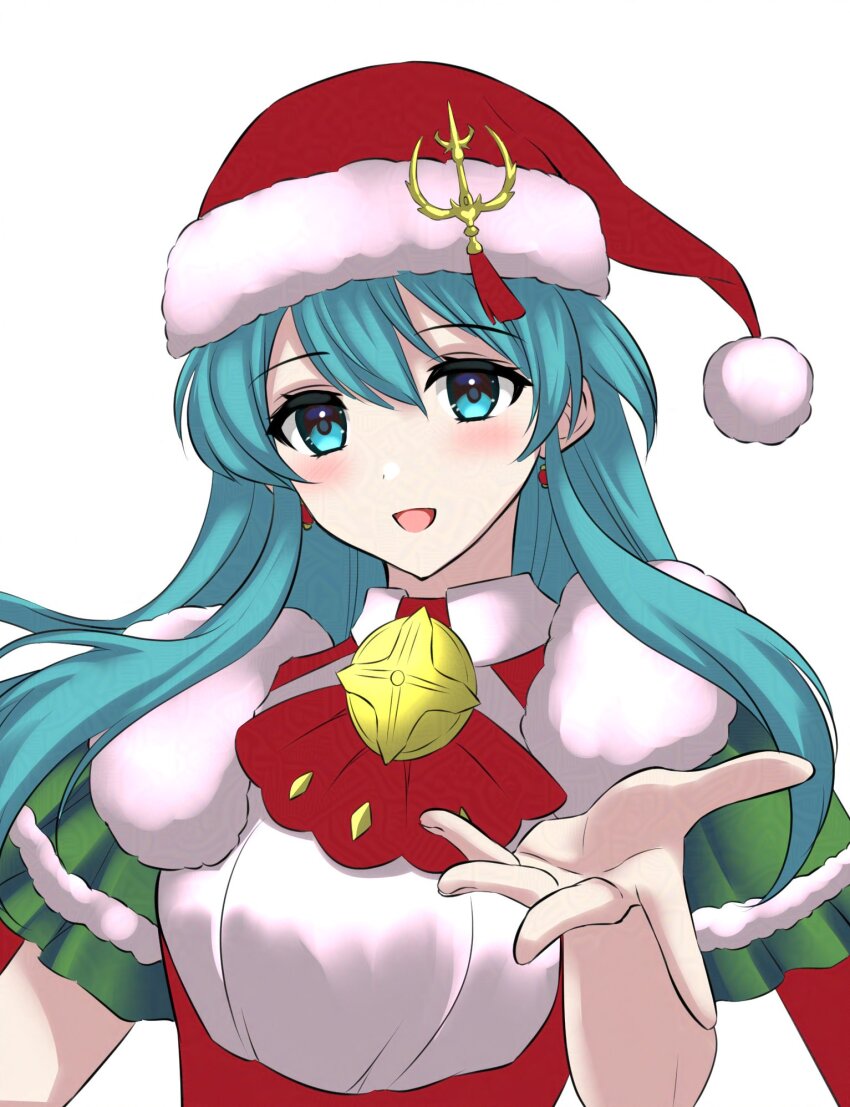 1girl :d aqua_eyes aqua_hair dress earrings eirika_(fire_emblem) eirika_(winter)_(fire_emblem) fire_emblem fire_emblem:_the_sacred_stones fire_emblem_heroes hair_between_eyes hat highres jewelry kakiko210 long_hair looking_at_viewer nintendo official_alternate_costume open_mouth red_hat santa_hat sidelocks smile solo upper_body white_background