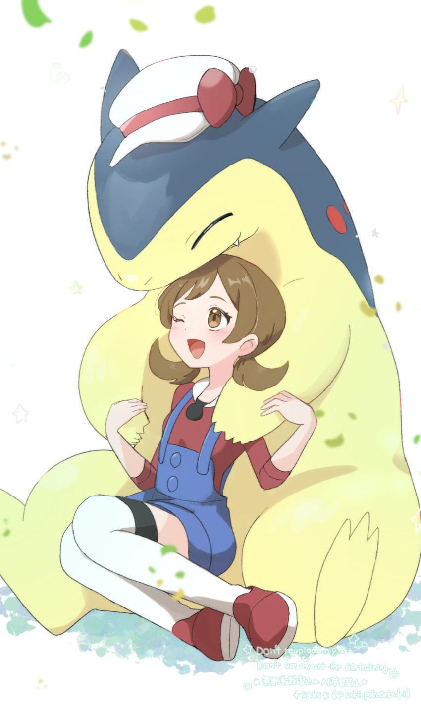 1girl ;d blue_overalls brown_eyes brown_hair commentary_request creatures_(company) falling_leaves game_freak gen_2_pokemon happy highres leaf lyra_(pokemon) nintendo one_eye_closed open_mouth overalls pokemon pokemon_(creature) pokemon_hgss red_shirt red_shoes saki_pokeoekaki shirt shoes smile thighhighs three-quarter_sleeves tongue twintails typhlosion watermark white_background white_thighhighs