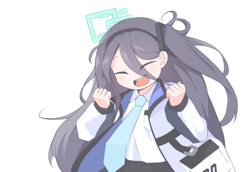 1girl :d ^_^ absurdres aqua_halo aris_(blue_archive) black_hair black_hairband black_skirt blue_archive blue_jacket blush clenched_hands closed_eyes collared_shirt commentary eyes_visible_through_hair hair_between_eyes hairband halo hands_up happy highres jacket kmini15 long_bangs long_hair long_hair_between_eyes long_sleeves multicolored_jacket one_side_up open_clothes open_jacket open_mouth puffy_long_sleeves puffy_sleeves rectangular_halo shirt simple_background single_sidelock skirt smile solo teeth two-sided_fabric two-sided_jacket upper_body upper_teeth_only very_long_hair white_background white_jacket white_shirt