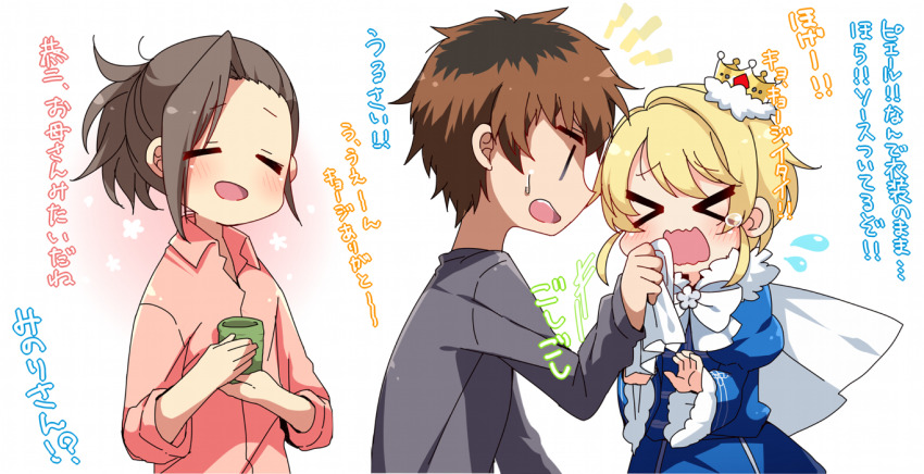 &gt;_&lt; 3boys asymmetrical_bangs beit_(idolmaster) black_eyes blonde_hair blue_jacket blue_sleeves bow bowtie brooch brown_hair cape closed_eyes collared_shirt commentary_request crown crying cup drink flower flower_brooch flying_sweatdrops frilled_sleeves frills fur-trimmed_headwear fur-trimmed_jacket fur_trim grey_shirt grey_sleeves handkerchief holding holding_drink holding_handkerchief idolmaster idolmaster_side-m jacket juliet_sleeves light_blush lightning_bolt_symbol long_bangs long_hair long_sleeves looking_at_another male_focus mini_crown multiple_boys nervous_smile open_mouth pierre_bichelberger pink_shirt pink_sleeves ponytail puffy_sleeves shirt short_hair simple_background sleeves_past_wrists smile sweatdrop takajo_kyoji teardrop tears teeth three-quarter_sleeves translation_request upper_teeth_only usamata watanabe_minori wavy_mouth white_background white_bow white_bowtie white_cape white_flower wide_sleeves wiping_tears yellow_headwear yunomi