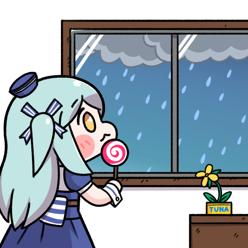 1girl :3 alterkero aqua_hair blush_stickers candy canned_tuna chibi cloud cloudy_sky dress flower food hat highres last_origin lollipop lrl_(last_origin) rain ribbon sailor_dress sailor_hat sky solo swirl_lollipop two_side_up window wrist_cuffs yellow_eyes