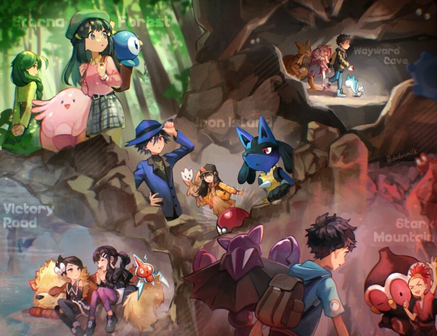 3boys 4girls arcanine backpack bag belt black_belt black_footwear black_hair blue_headwear blue_jacket bow brown_bag buck_(pokemon) chansey cheryl_(pokemon) claydol collared_shirt commentary_request dawn_(pokemon) gen_1_pokemon gen_2_pokemon gen_3_pokemon gen_4_pokemon gliscor green_headwear grey_skirt hair_bow hat hood hood_down huan_li jacket kadabra lucario lucas_(pokemon) marley_(pokemon) mira_(pokemon) multiple_boys multiple_girls nintendo pachirisu pink_sweater piplup poke_ball poke_ball_(basic) pokemon pokemon_bdsp riley_(pokemon) rotom rotom_(normal) shirt shoes short_hair sitting skirt sweater togetic waving white_bow yellow_shirt