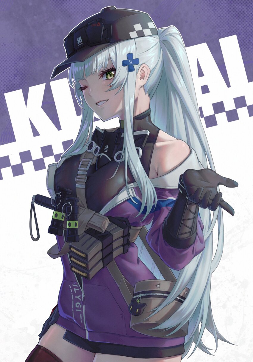 1girl bag baseball_cap black_hat blue_hair character_name commentary cross_hair_ornament english_commentary flashbang girls&#039;_frontline girls&#039;_frontline_2:_exilium green_eyes hair_ornament hat highres hk416_(girls&#039;_frontline) jacket klukai_(girls&#039;_frontline_2) long_hair looking_at_viewer magazine_(weapon) multicolored_jacket one_eye_closed parted_lips ponytail purple_background purple_jacket revok shoulder_bag sidelocks simple_background smile solo tattoo teardrop_facial_mark teardrop_tattoo teeth two-tone_background two-tone_jacket white_background white_jacket