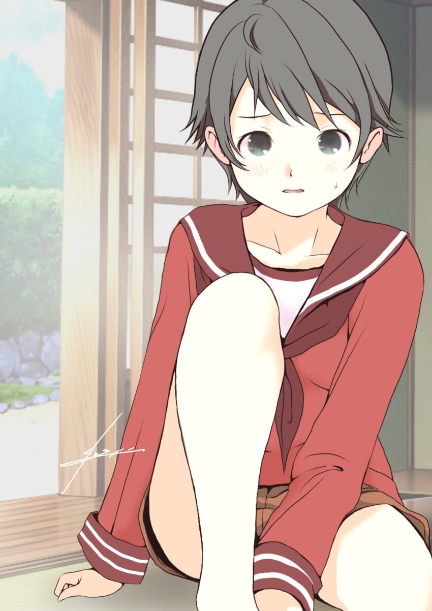 1girl black_eyes black_hair brown_neckerchief brown_sailor_collar brown_serafuku brown_shorts highres kantai_collection looking_at_viewer mogami_(kancolle) neckerchief sailor_collar school_uniform serafuku short_hair shorts sliding_doors solo toshi_chihiro2 veranda