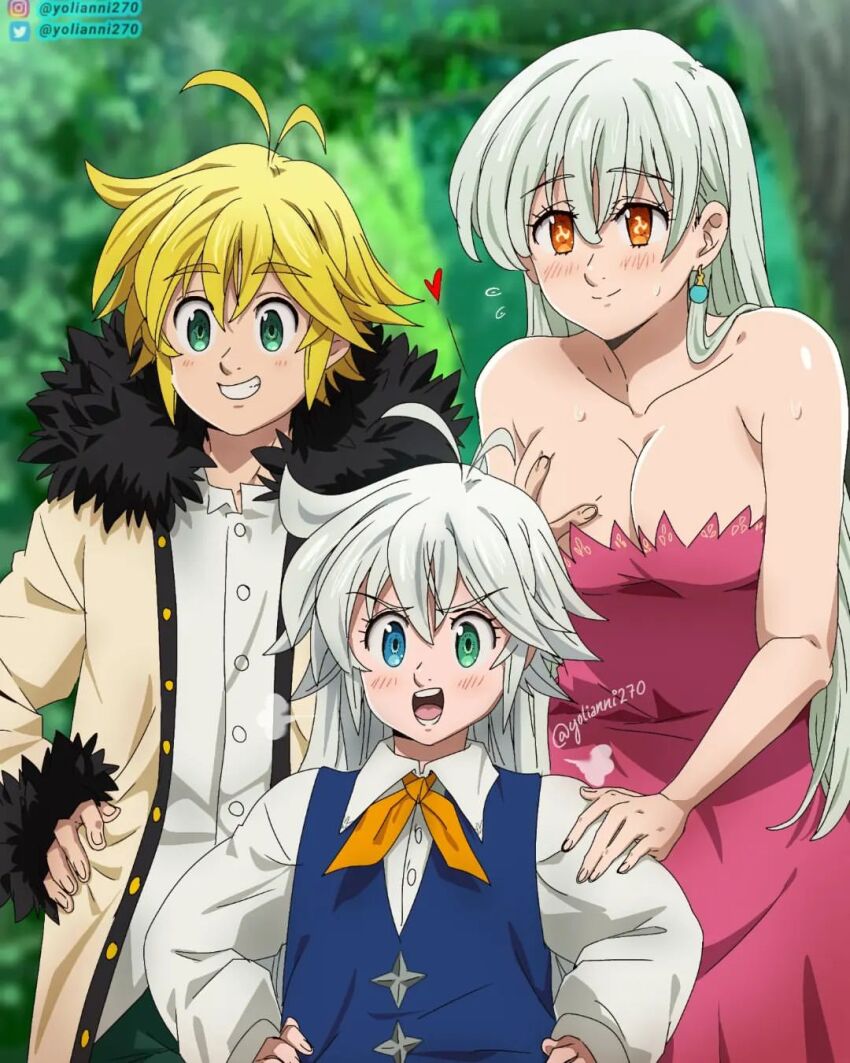 blonde_hair blue_eyes breasts dress elizabeth_liones family green_eyes heterochromia highres long_hair looking_at_viewer meliodas mokushiroku_no_yonkishi nanatsu_no_taizai open_mouth red_dress smile tristan white_hair yellow_eyes yolianni270